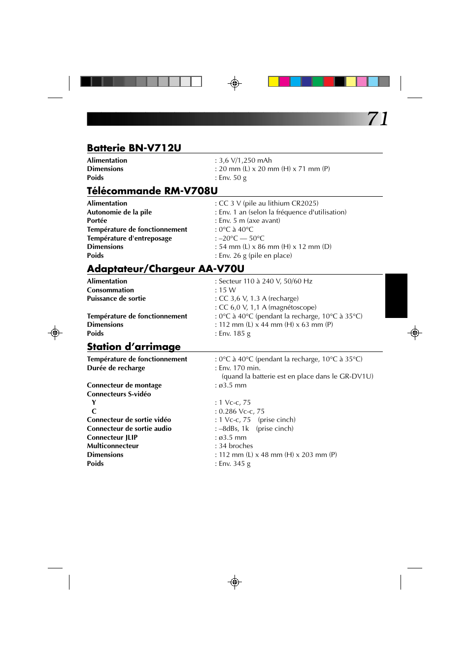 Batterie bn-v712u, Télécommande rm-v708u, Adaptateur/chargeur aa-v70u | Station d’arrimage | JVC GR-DV1 User Manual | Page 143 / 219