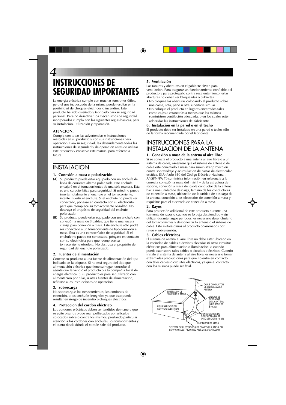 Instrucciones de seguridad importantes, Instrucciones para la instalacion de la antena, Instalacion | JVC GR-DV1 User Manual | Page 148 / 219