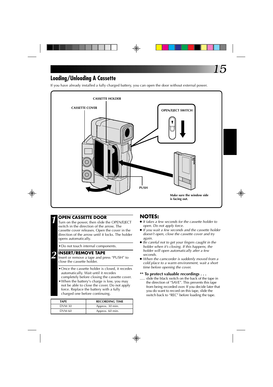 Loading/unloading a cassette | JVC GR-DV1 User Manual | Page 15 / 219