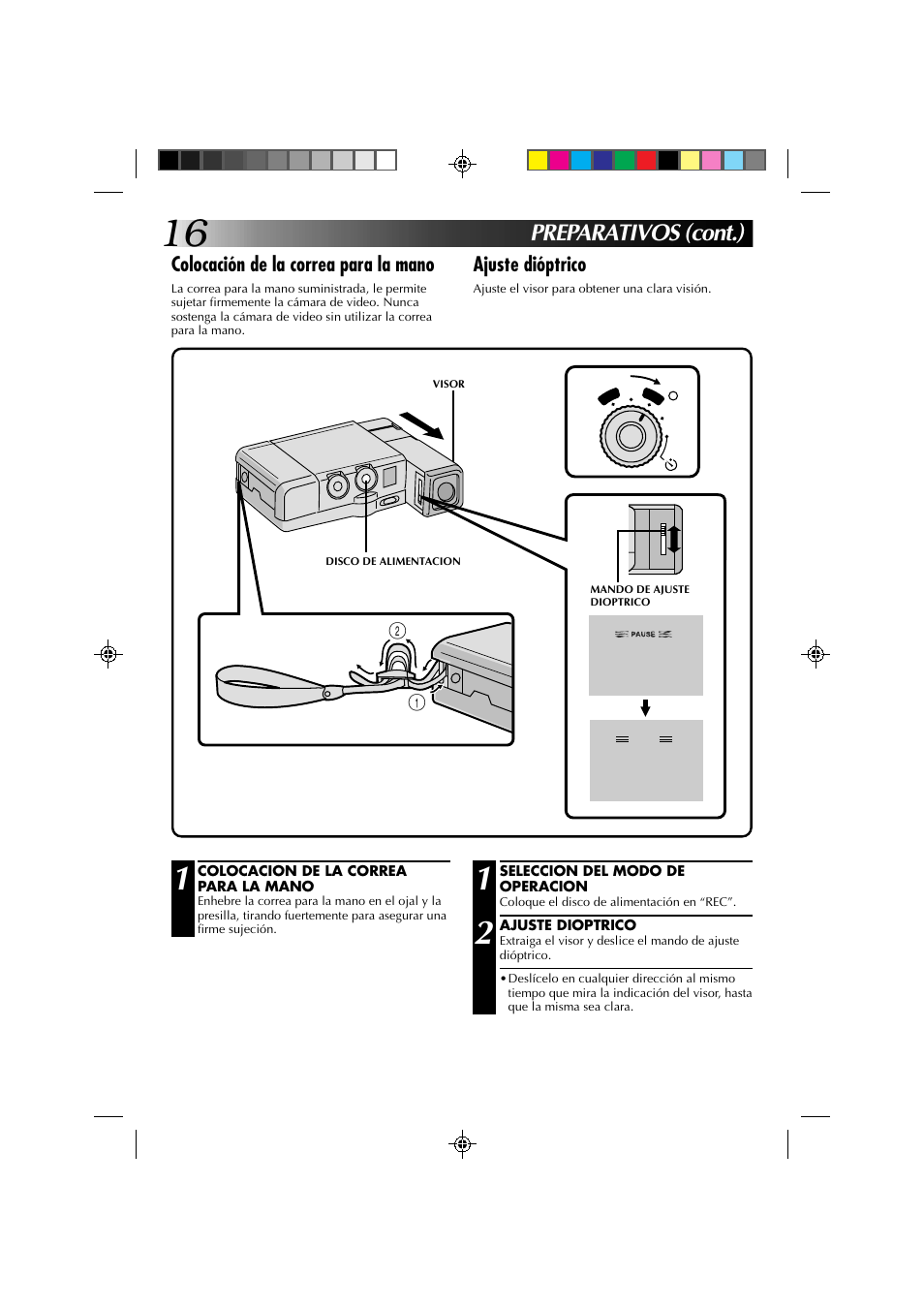 Preparativos (cont.), Colocación de la correa para la mano, Ajuste dióptrico | JVC GR-DV1 User Manual | Page 160 / 219