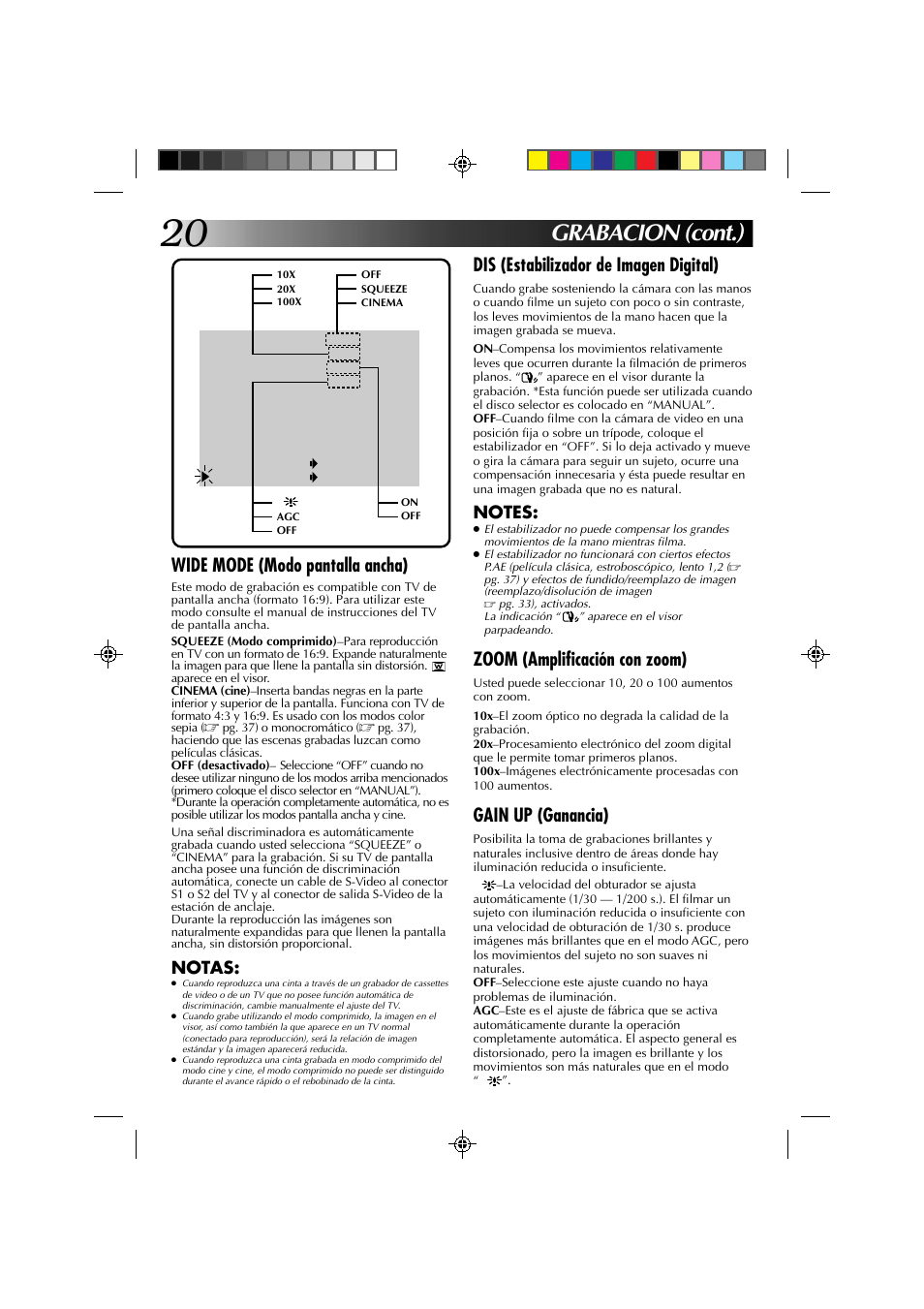 Grabacion (cont.), Dis (estabilizador de imagen digital), Zoom (amplificación con zoom) | Gain up (ganancia), Wide mode (modo pantalla ancha), Notas | JVC GR-DV1 User Manual | Page 164 / 219