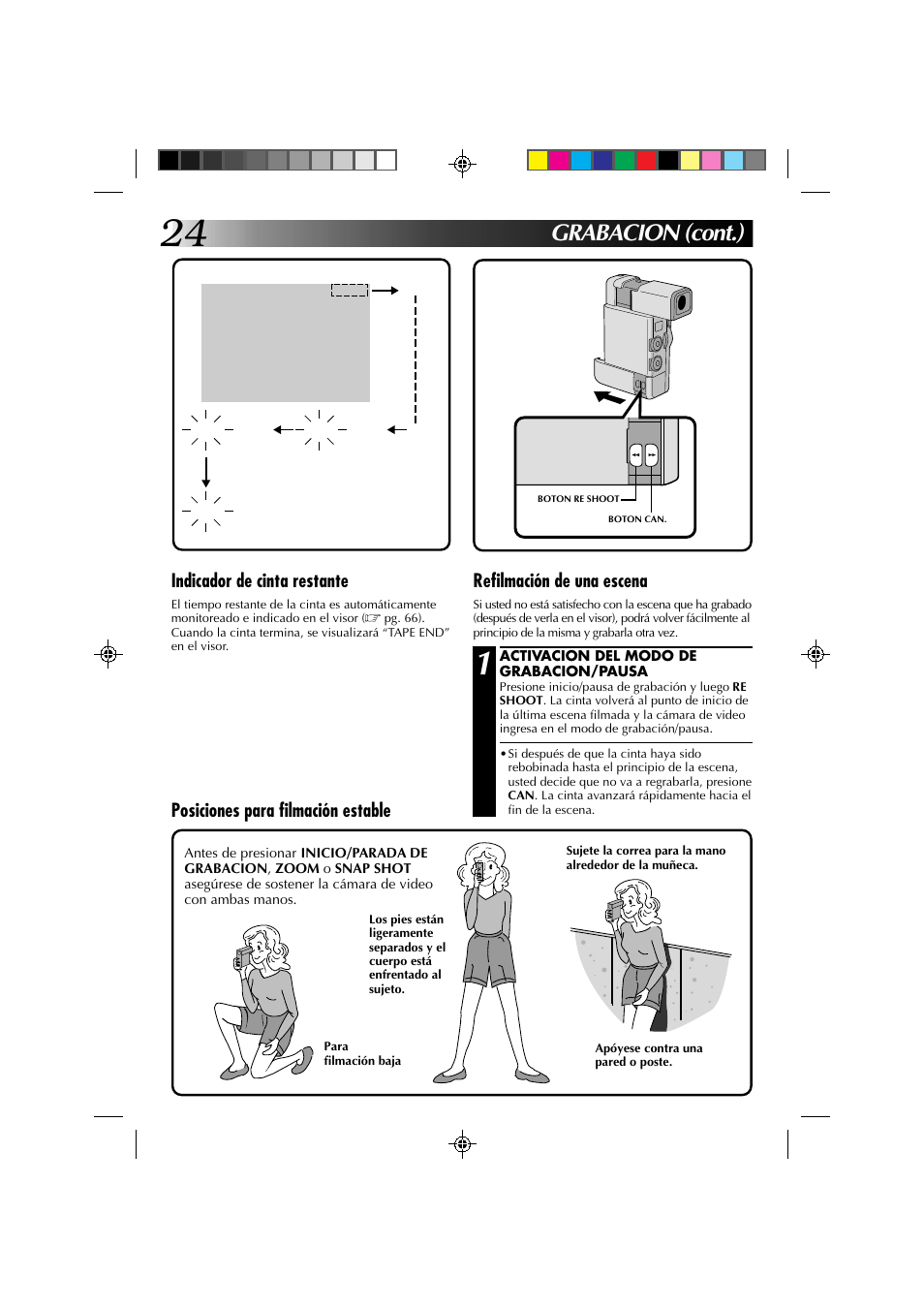 Grabacion (cont.), Indicador de cinta restante, Refilmación de una escena | Posiciones para filmación estable | JVC GR-DV1 User Manual | Page 168 / 219