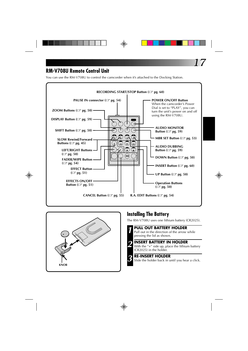 Rm-v708u remote control unit, Installing the battery | JVC GR-DV1 User Manual | Page 17 / 219