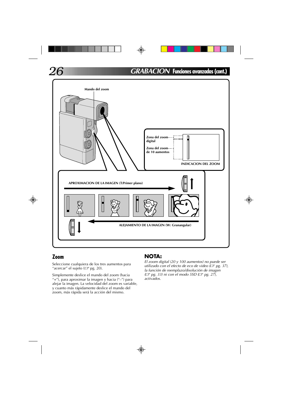 Grabacion, Funciones avanzadas (cont.), Zoom | Nota | JVC GR-DV1 User Manual | Page 170 / 219