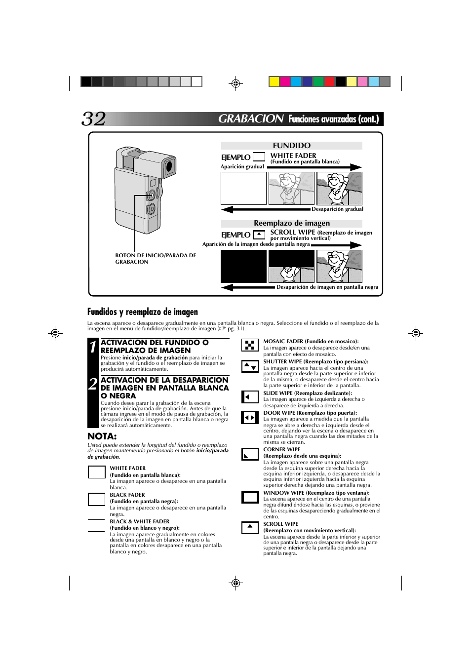 Grabacion, Funciones avanzadas (cont.), Fundidos y reemplazo de imagen | JVC GR-DV1 User Manual | Page 176 / 219