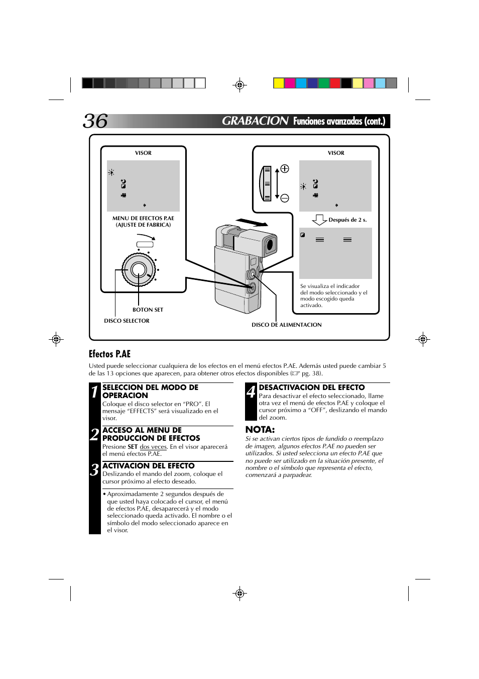 Grabacion, Funciones avanzadas (cont.), Efectos p.ae | Nota | JVC GR-DV1 User Manual | Page 180 / 219