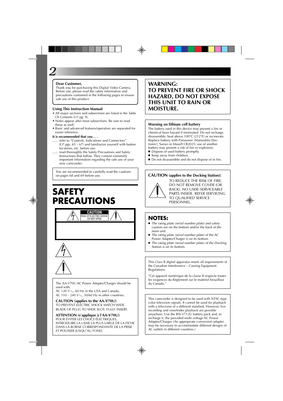 Safety precautions | JVC GR-DV1 User Manual | Page 2 / 219