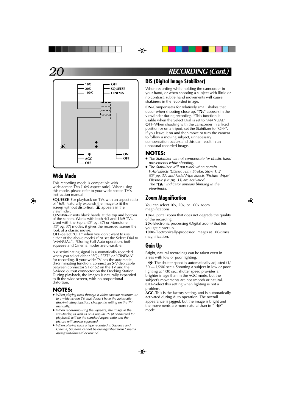 Recording (cont.), Dis (digital image stabilizer), Zoom magnification | Gain up, Wide mode | JVC GR-DV1 User Manual | Page 20 / 219