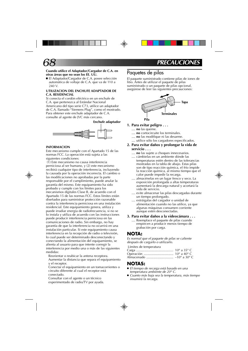 Precauciones, Paquetes de pilas | JVC GR-DV1 User Manual | Page 212 / 219