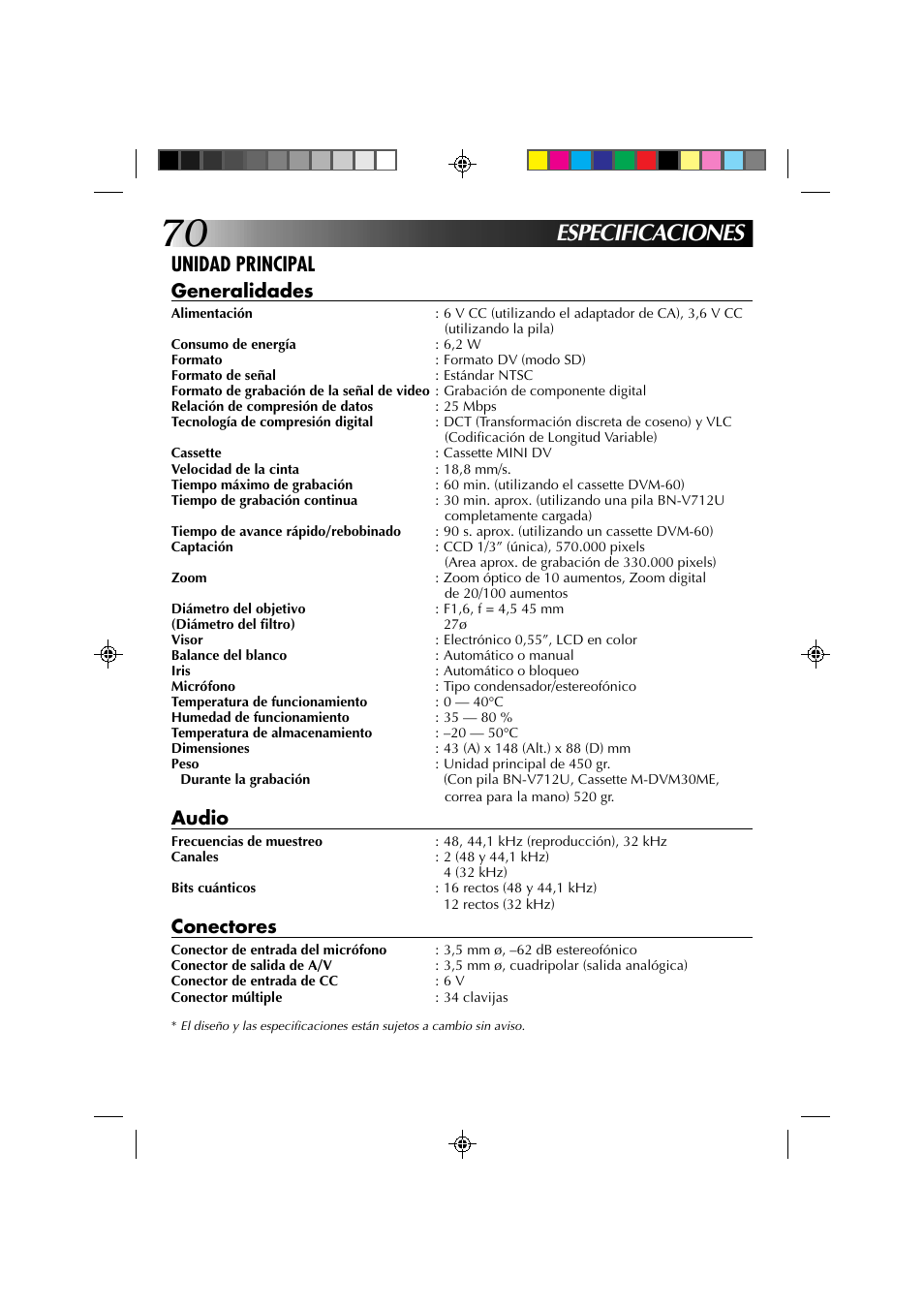 Especificaciones, Unidad principal, Generalidades | Audio, Conectores | JVC GR-DV1 User Manual | Page 214 / 219