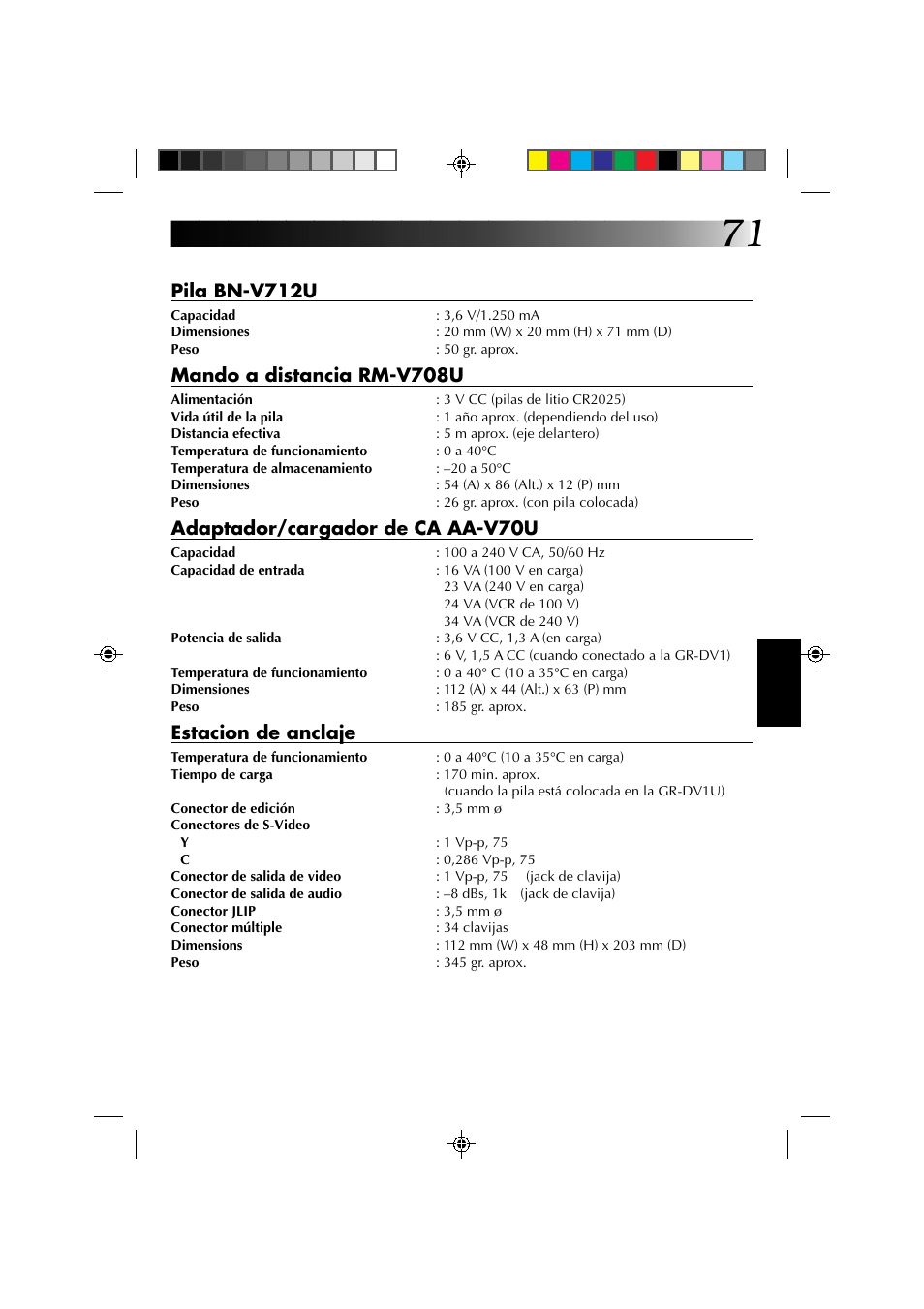 Pila bn-v712u, Mando a distancia rm-v708u, Adaptador/cargador de ca aa-v70u | Estacion de anclaje | JVC GR-DV1 User Manual | Page 215 / 219