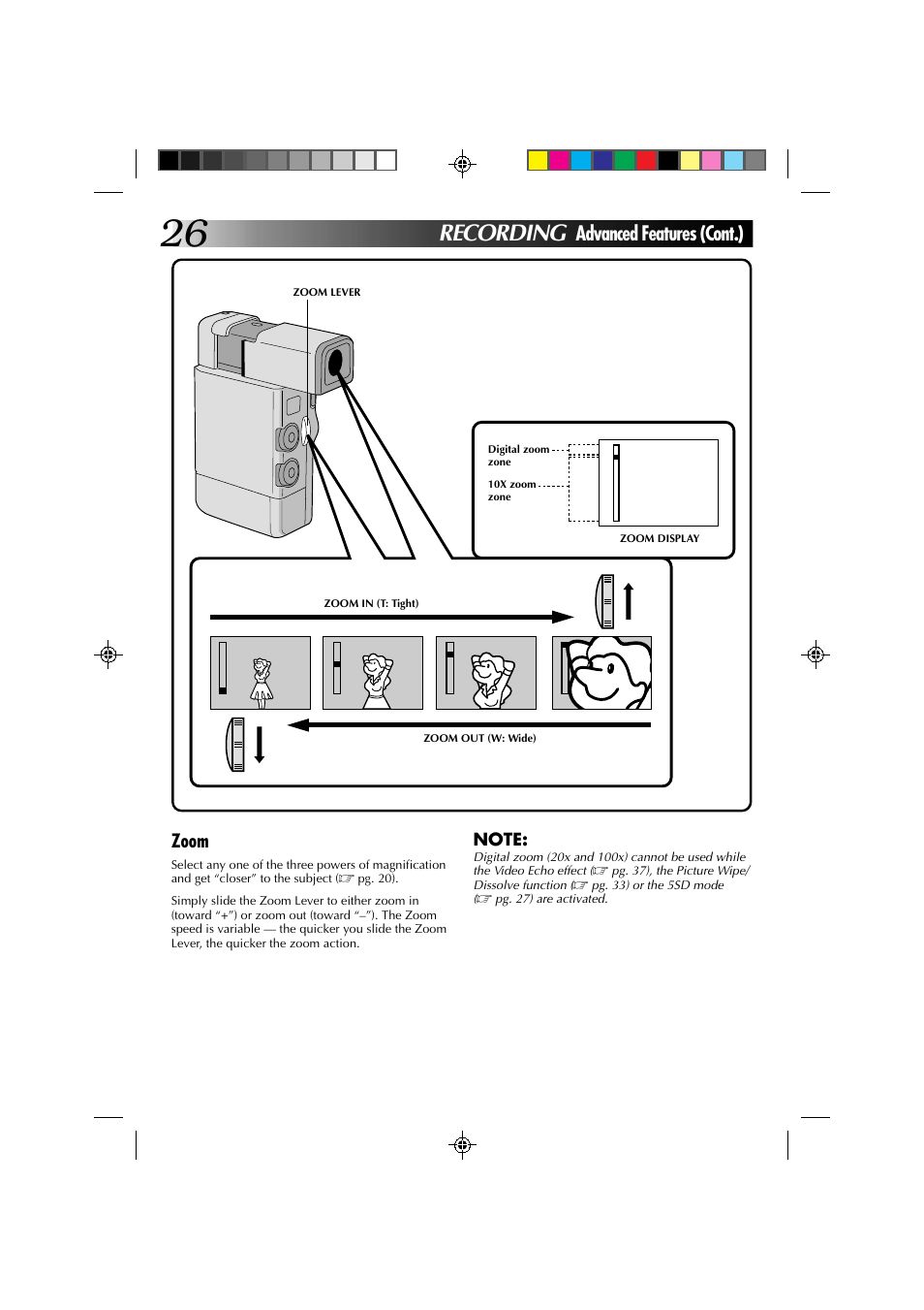 Recording, Advanced features (cont.), Zoom | JVC GR-DV1 User Manual | Page 26 / 219