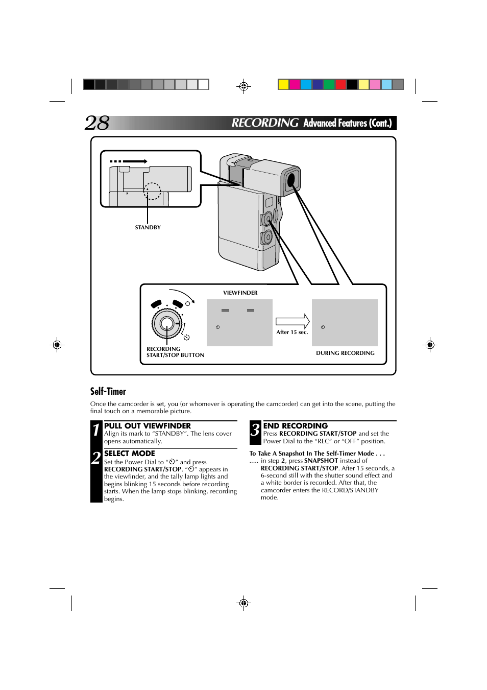 Recording, Advanced features (cont.), Self-timer | JVC GR-DV1 User Manual | Page 28 / 219