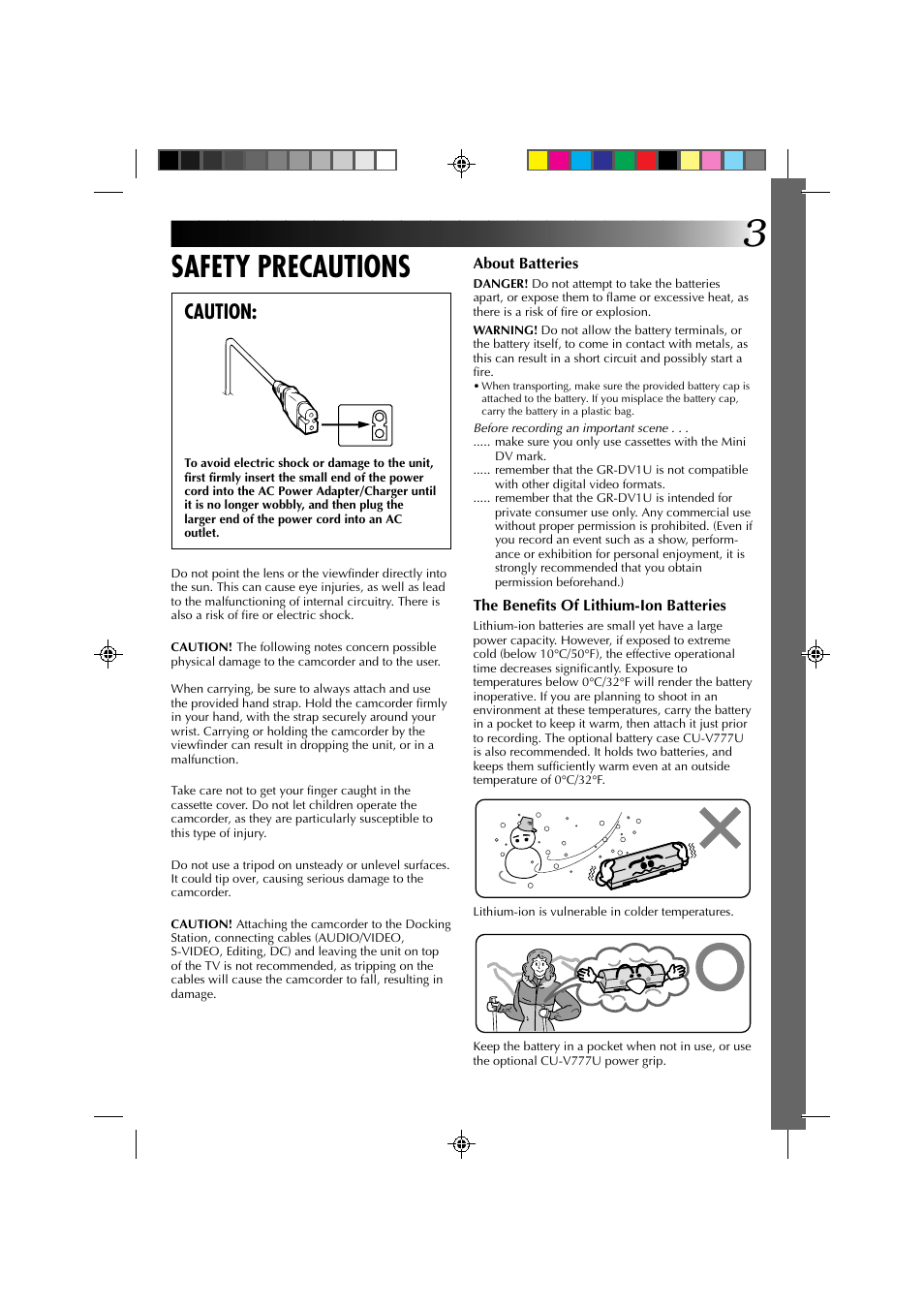 Safety precautions, Caution | JVC GR-DV1 User Manual | Page 3 / 219