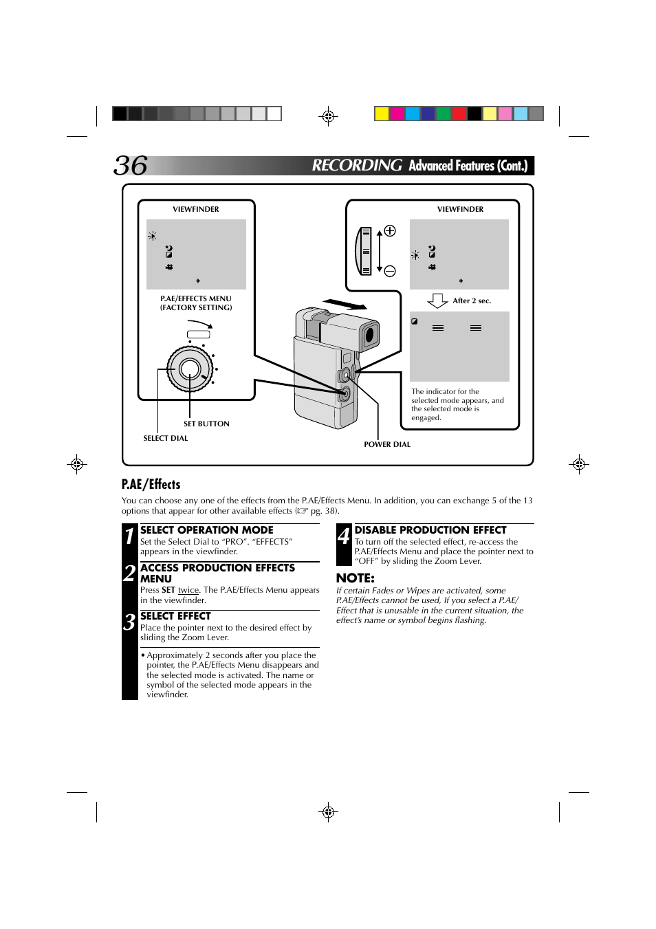 Recording, Advanced features (cont.), P.ae/effects | JVC GR-DV1 User Manual | Page 36 / 219