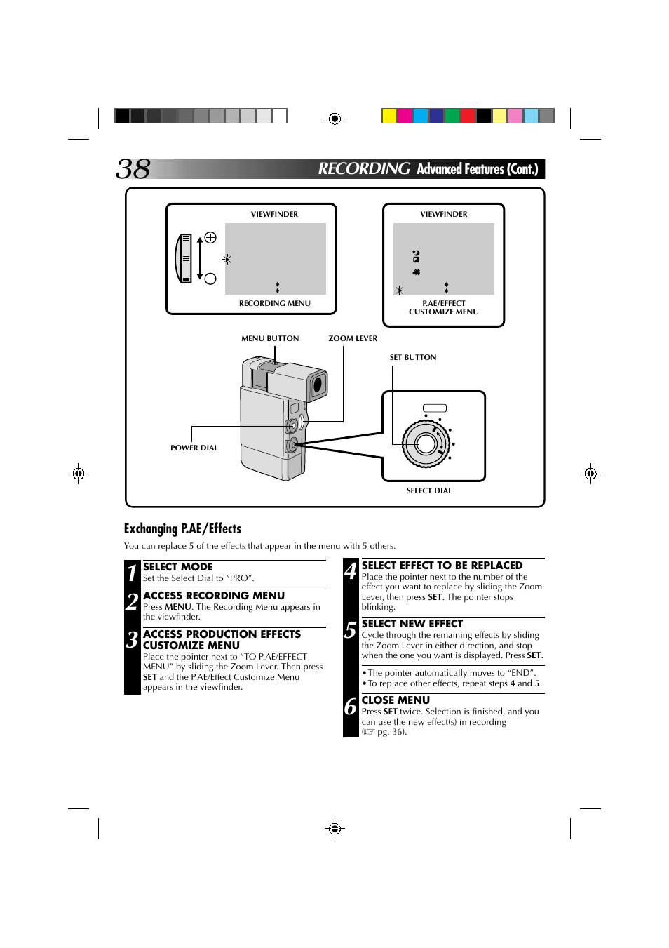 Recording, Advanced features (cont.), Exchanging p.ae/effects | JVC GR-DV1 User Manual | Page 38 / 219