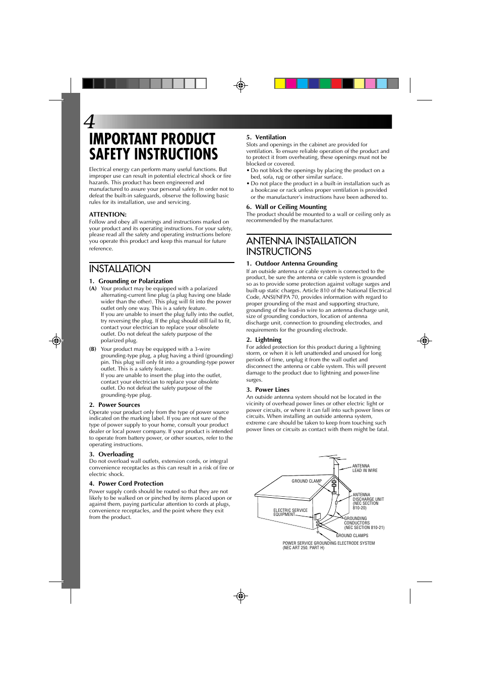 Important product safety instructions, Antenna installation instructions, Installation | JVC GR-DV1 User Manual | Page 4 / 219