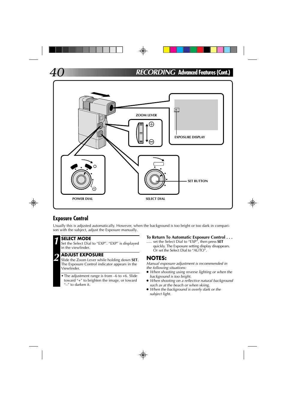 Recording, Advanced features (cont.), Exposure control | JVC GR-DV1 User Manual | Page 40 / 219