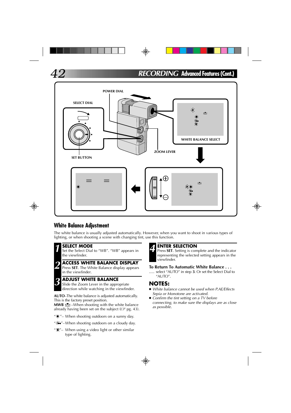 Recording, Advanced features (cont.), White balance adjustment | JVC GR-DV1 User Manual | Page 42 / 219