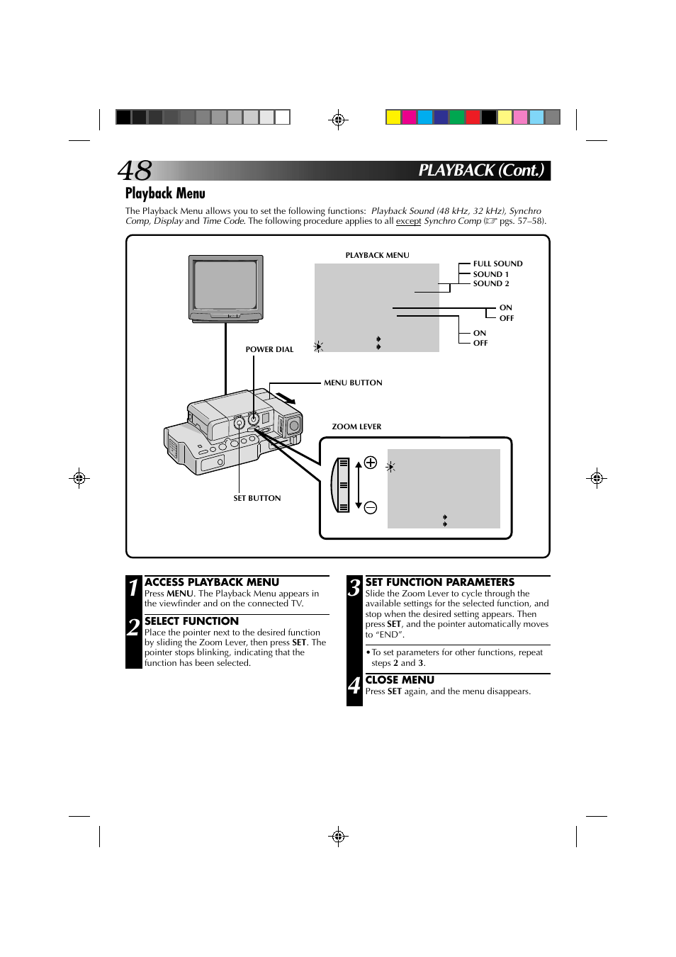 Playback (cont.), Playback menu | JVC GR-DV1 User Manual | Page 48 / 219