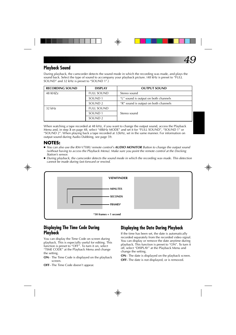 Playback sound, Displaying the time code during playback, Displaying the date during playback | JVC GR-DV1 User Manual | Page 49 / 219