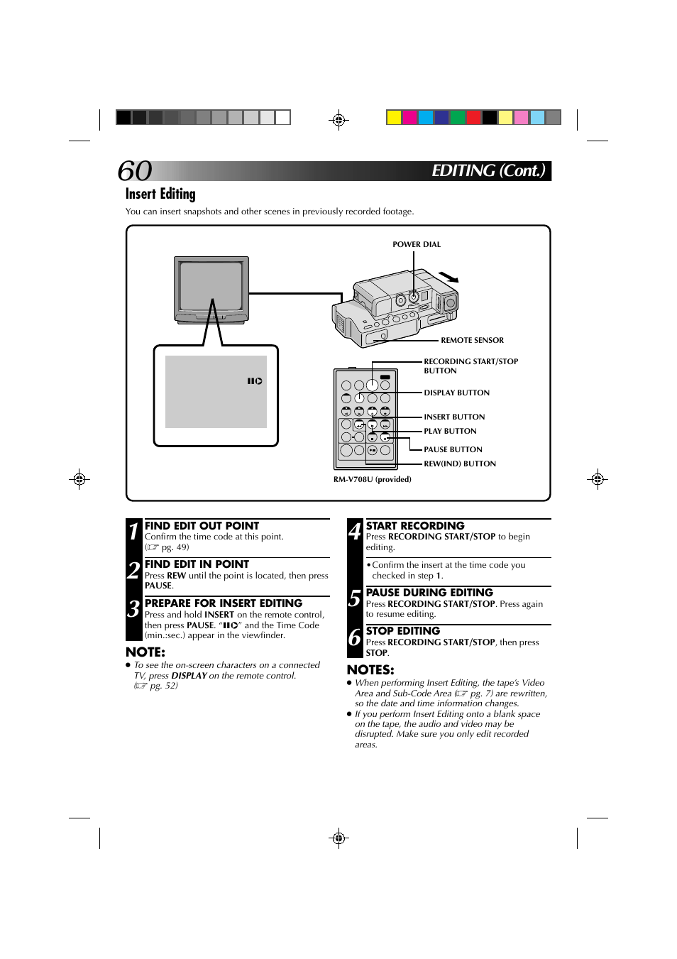 Editing (cont.), Insert editing | JVC GR-DV1 User Manual | Page 60 / 219