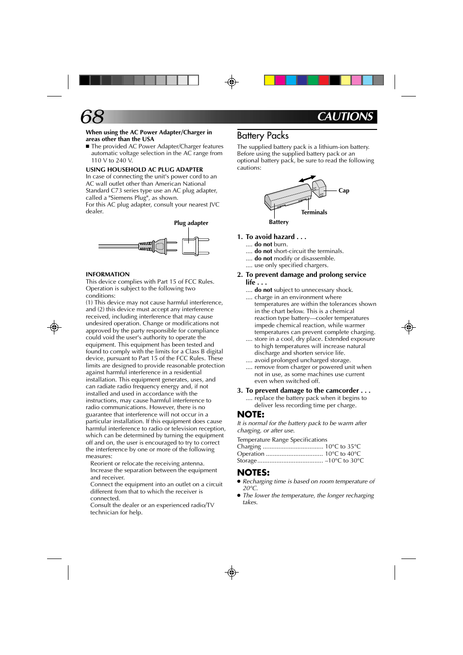 Cautions, Battery packs | JVC GR-DV1 User Manual | Page 68 / 219