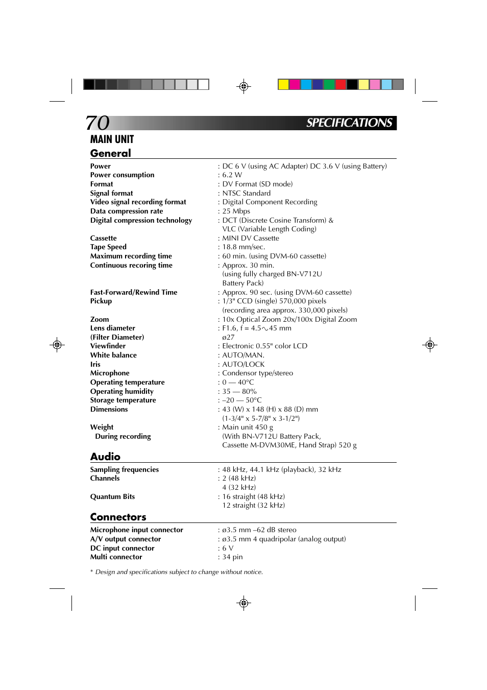 Specifications, Main unit, General | Audio, Connectors | JVC GR-DV1 User Manual | Page 70 / 219