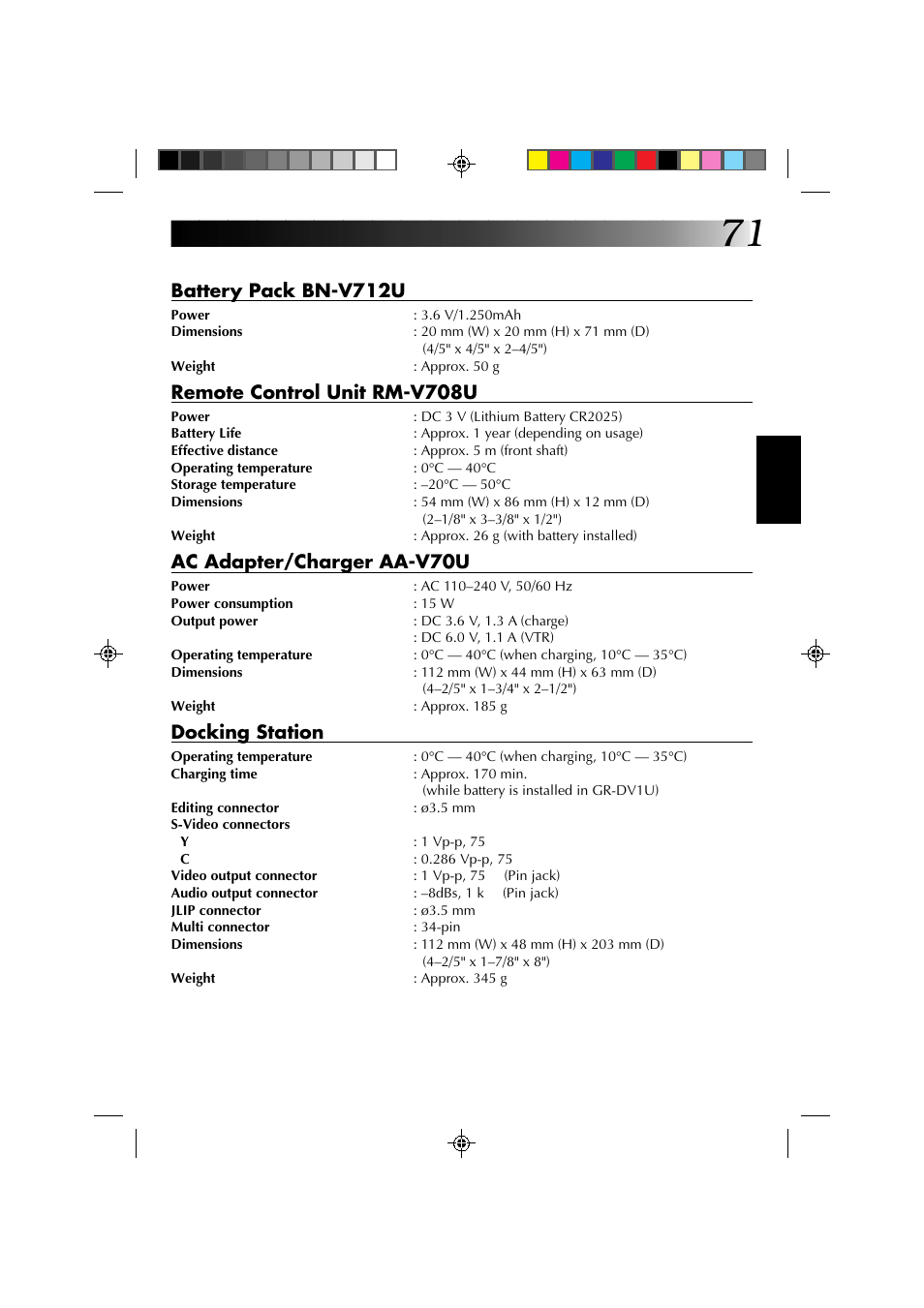 Battery pack bn-v712u, Remote control unit rm-v708u, Ac adapter/charger aa-v70u | Docking station | JVC GR-DV1 User Manual | Page 71 / 219