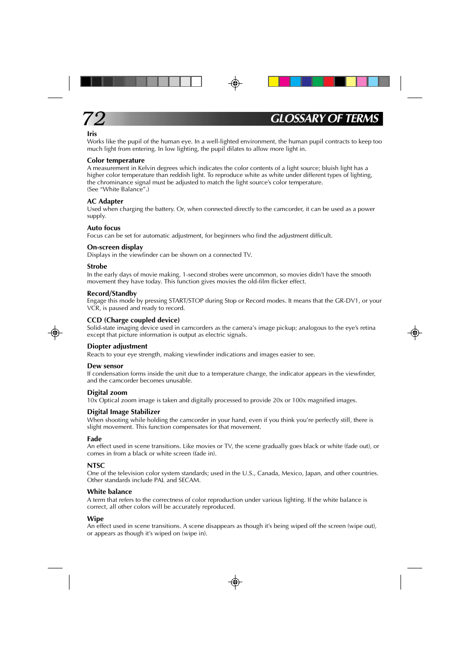 Glossary of terms | JVC GR-DV1 User Manual | Page 72 / 219