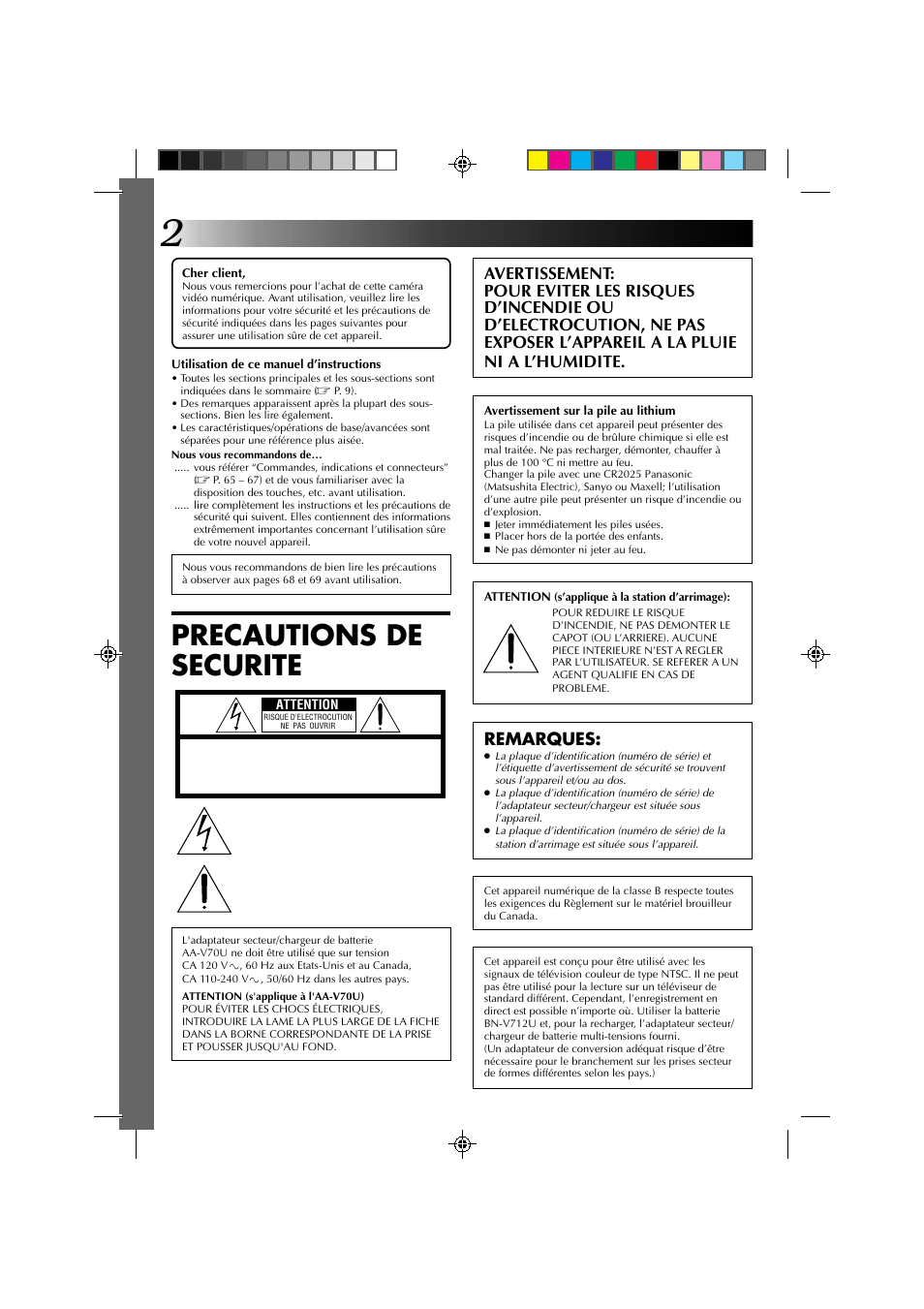 Precautions de securite, Remarques | JVC GR-DV1 User Manual | Page 74 / 219