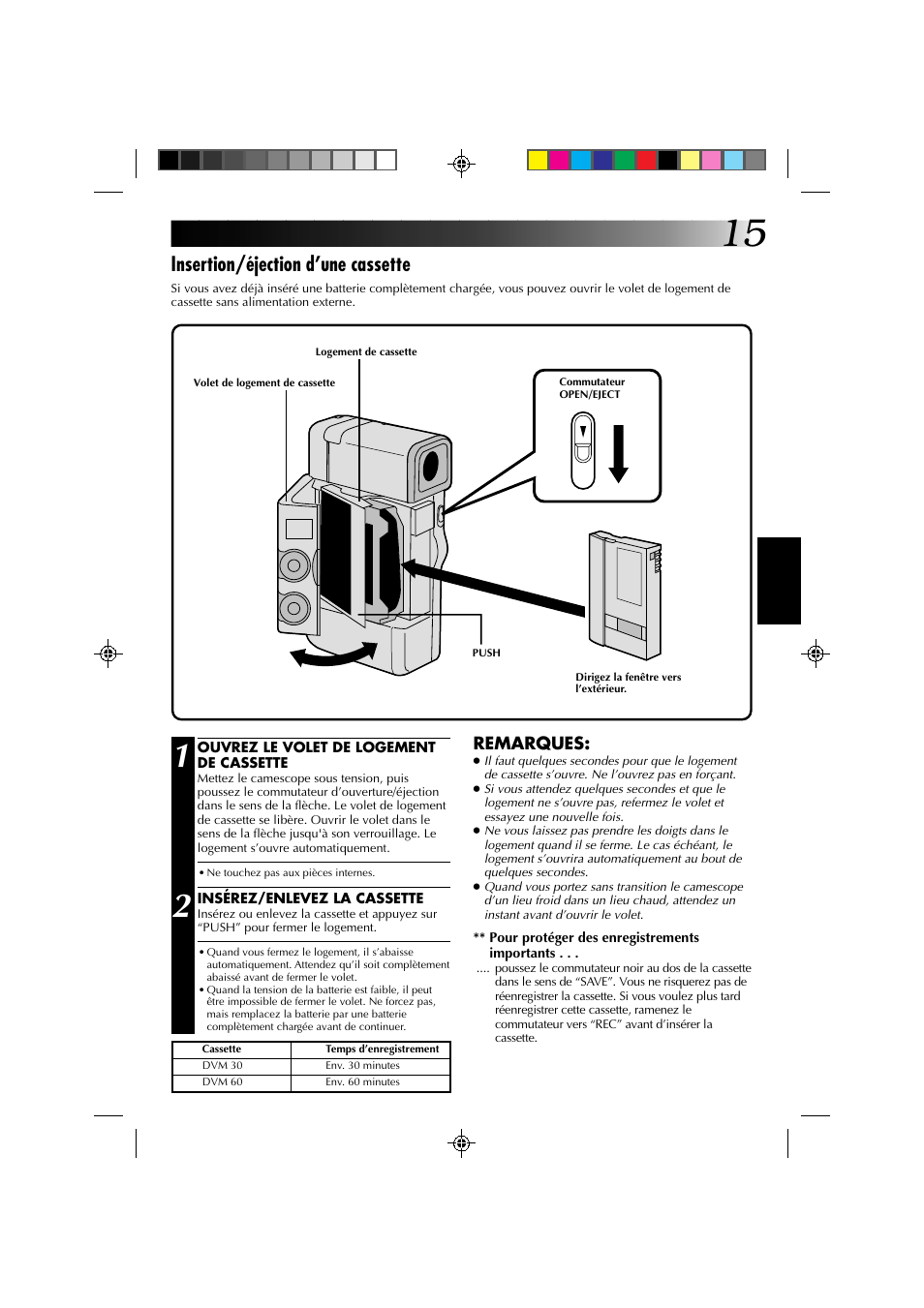 Insertion/éjection d’une cassette | JVC GR-DV1 User Manual | Page 87 / 219