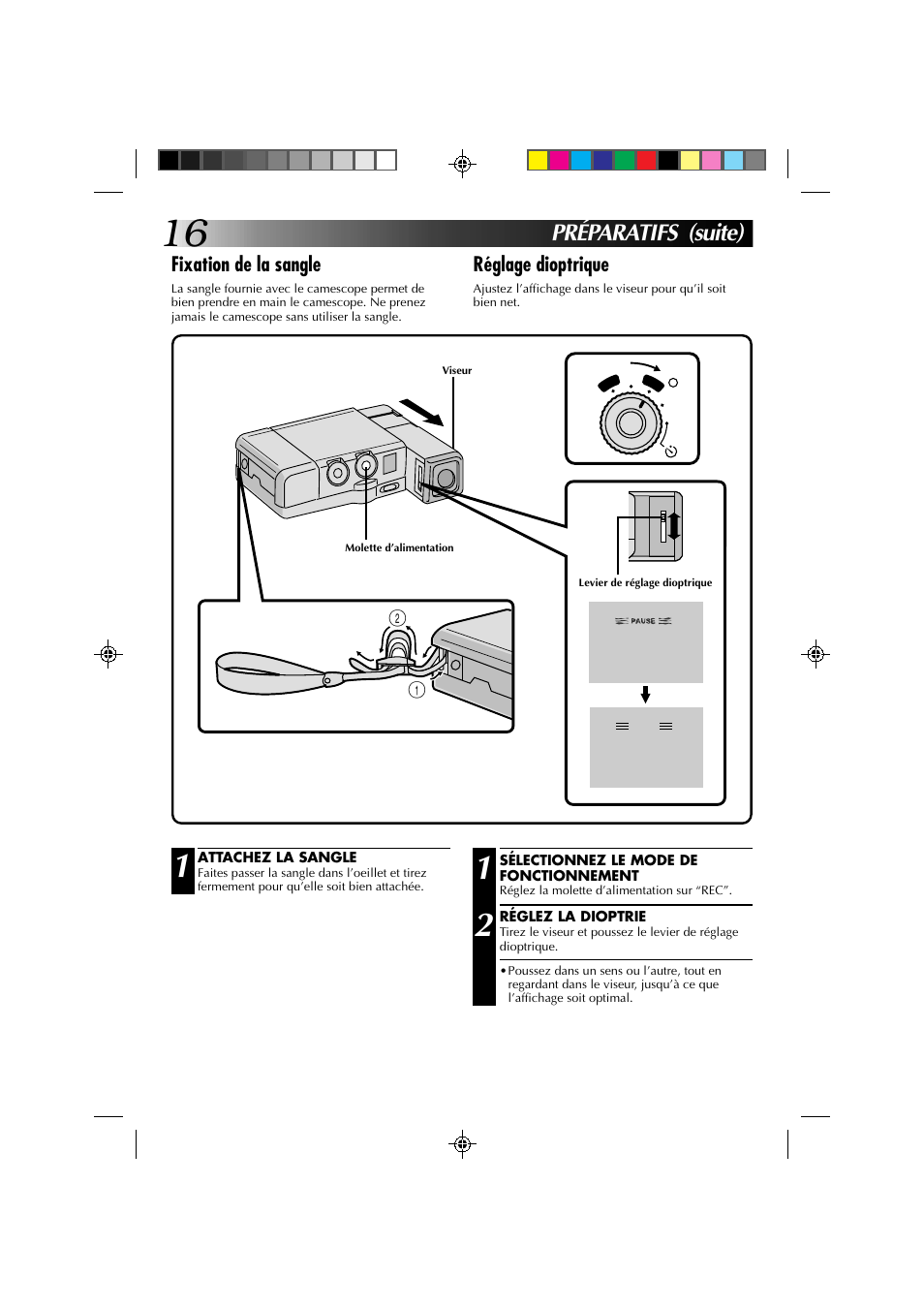 Préparatifs (suite), Fixation de la sangle, Réglage dioptrique | JVC GR-DV1 User Manual | Page 88 / 219