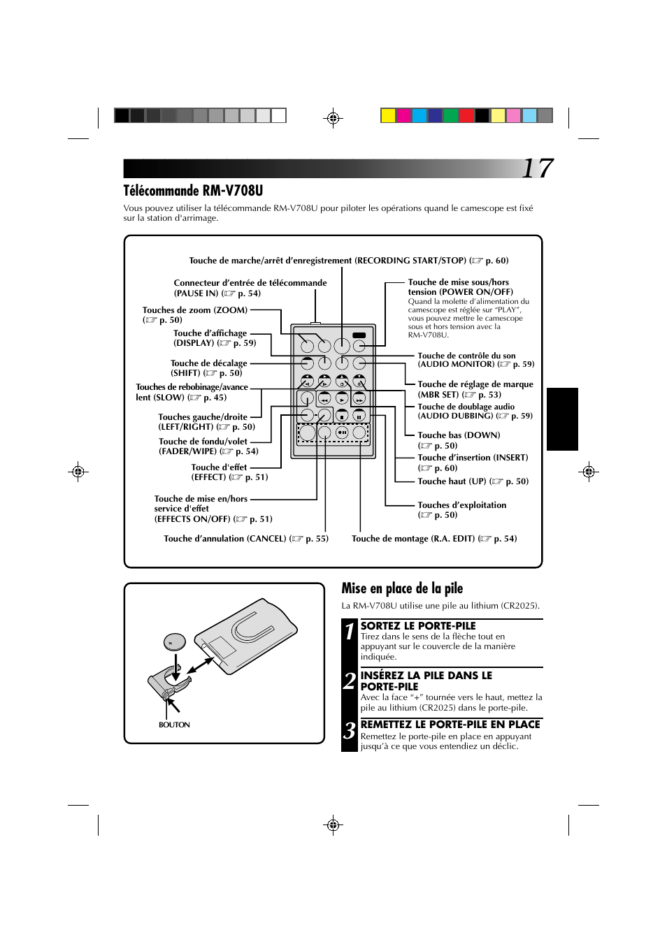 Télécommande rm-v708u, Mise en place de la pile | JVC GR-DV1 User Manual | Page 89 / 219