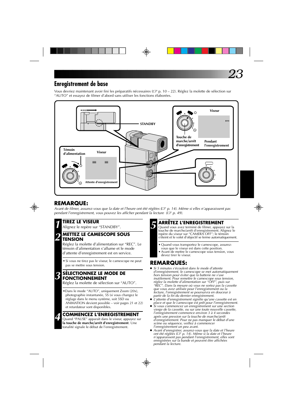 Enregistrement de base, Remarque, Remarques | JVC GR-DV1 User Manual | Page 95 / 219