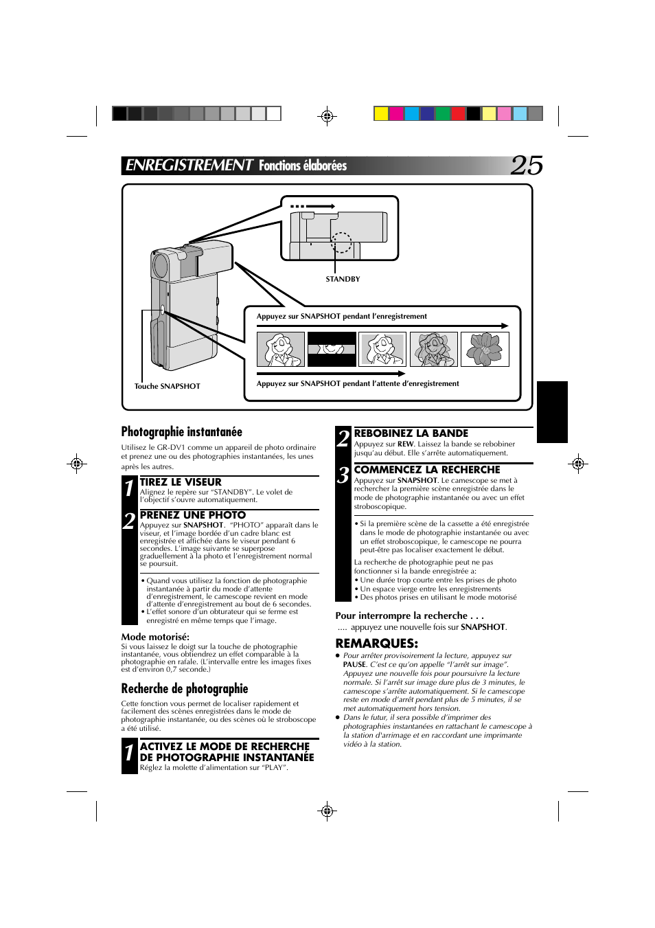 Enregistrement, Fonctions élaborées, Photographie instantanée | Recherche de photographie | JVC GR-DV1 User Manual | Page 97 / 219