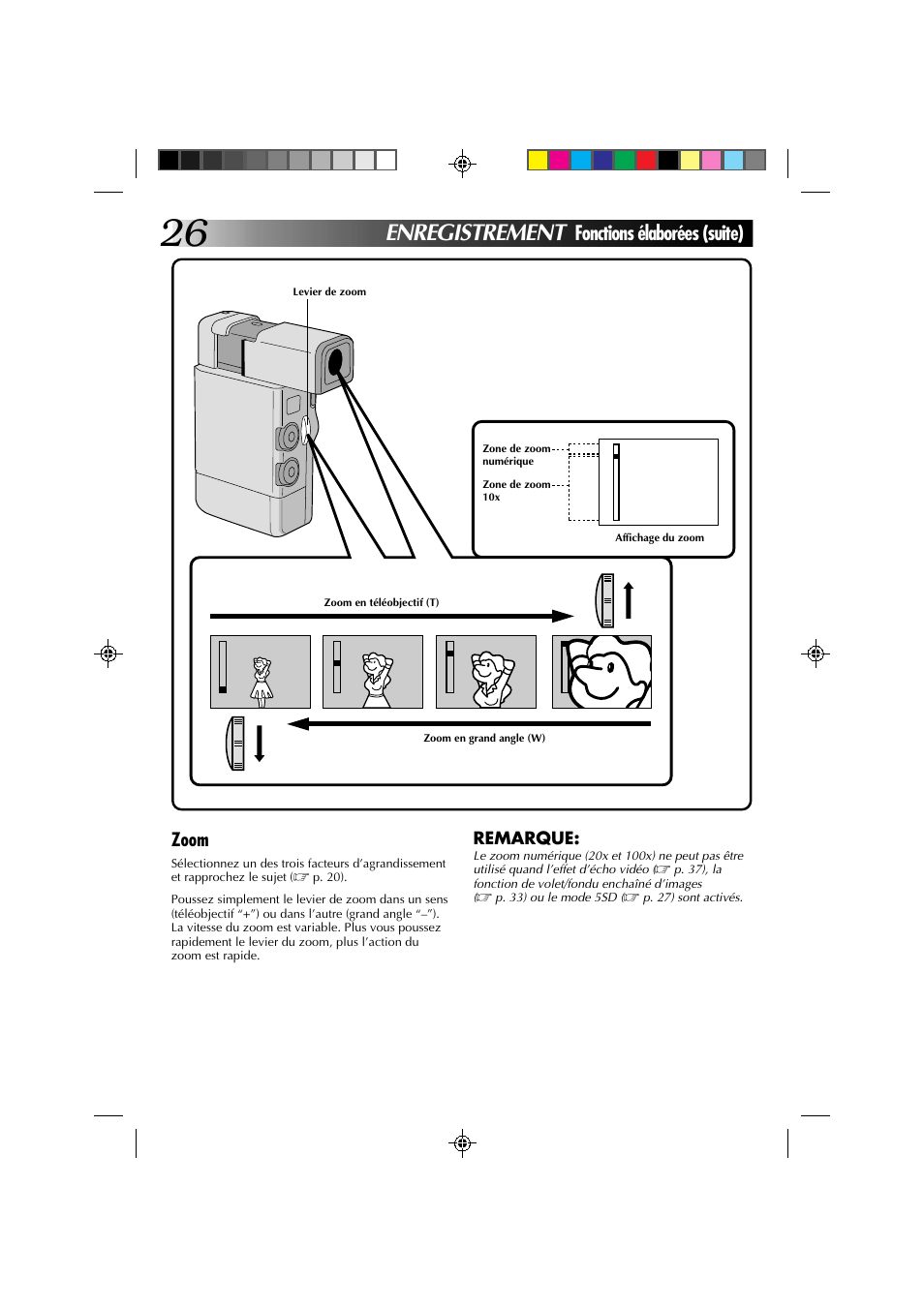 Enregistrement, Fonctions élaborées (suite), Zoom | Remarque | JVC GR-DV1 User Manual | Page 98 / 219