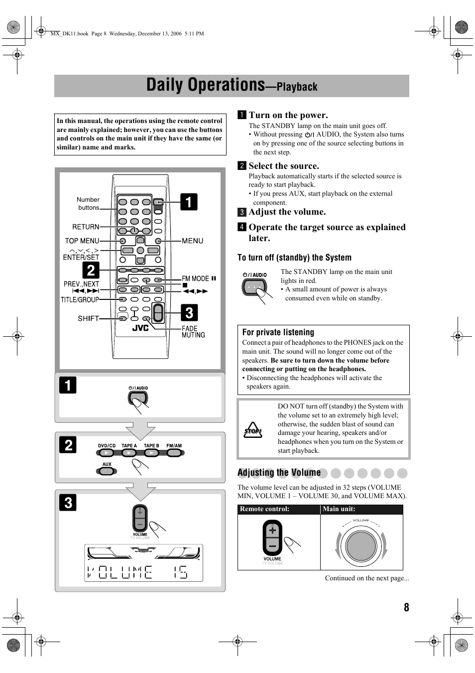 Daily operations—playback, Adjusting the volume, Daily operations | Playback | JVC CA-MXDK11 User Manual | Page 11 / 48