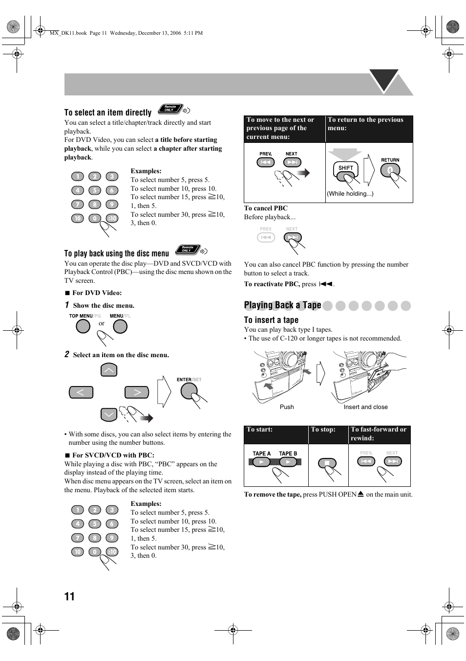 Playing back a tape | JVC CA-MXDK11 User Manual | Page 14 / 48