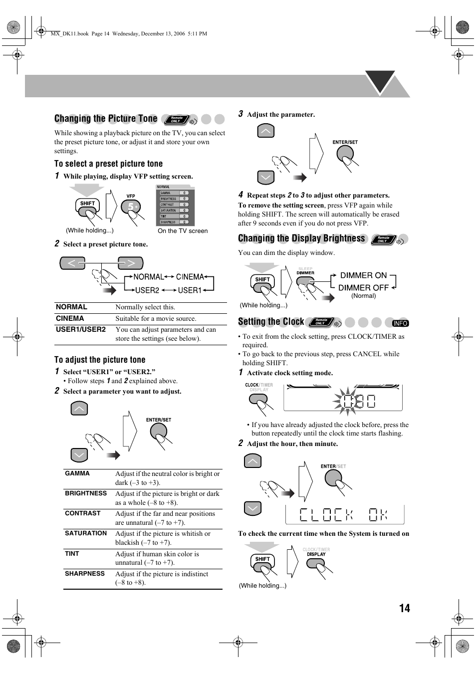 Changing the picture tone, Changing the display brightness, Setting the clock | JVC CA-MXDK11 User Manual | Page 17 / 48