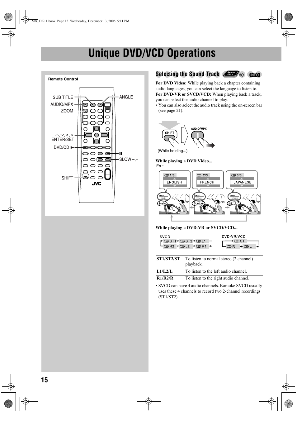 Unique dvd/vcd operations, Selecting the sound track | JVC CA-MXDK11 User Manual | Page 18 / 48