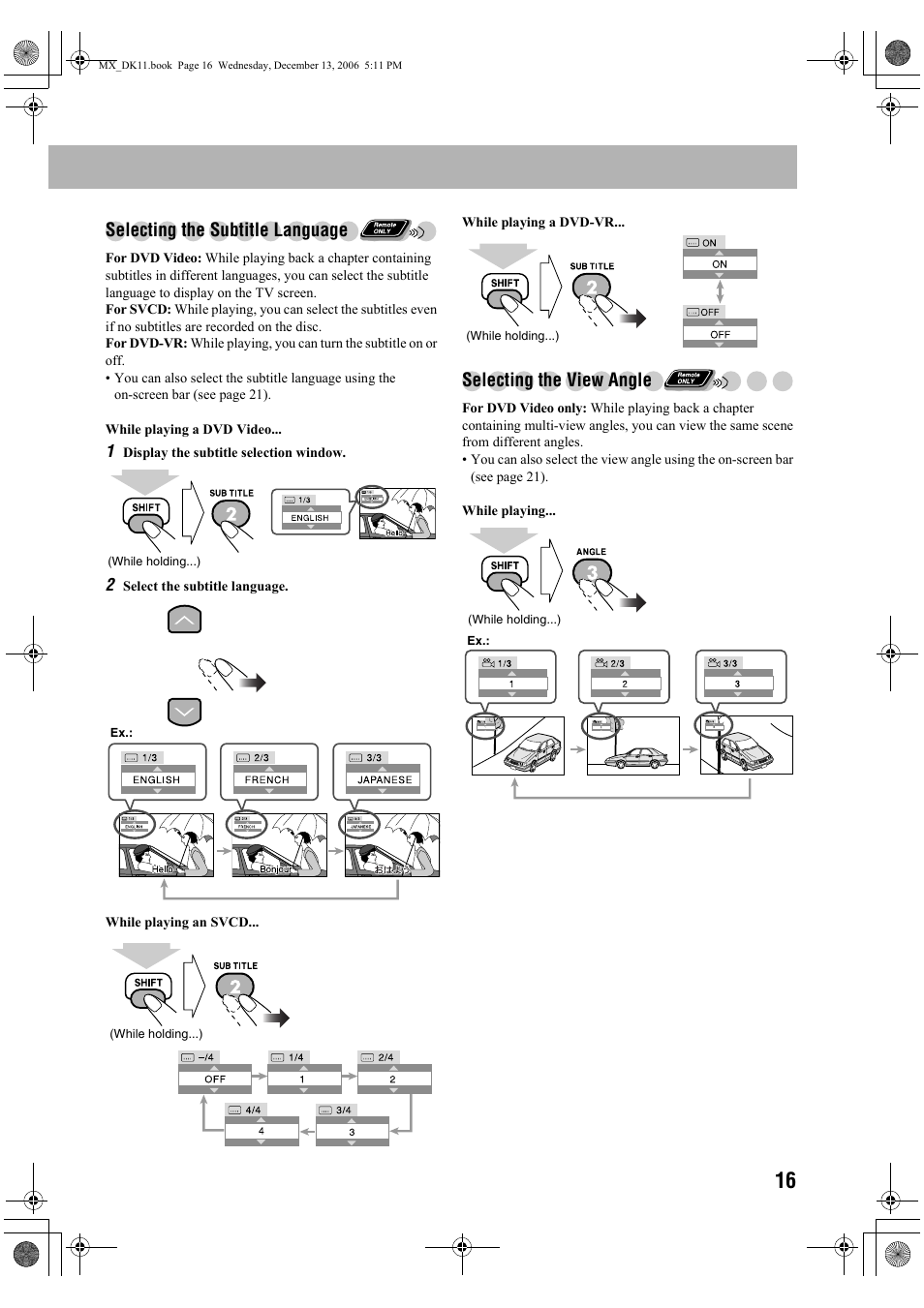 Selecting the subtitle language, Selecting the view angle | JVC CA-MXDK11 User Manual | Page 19 / 48