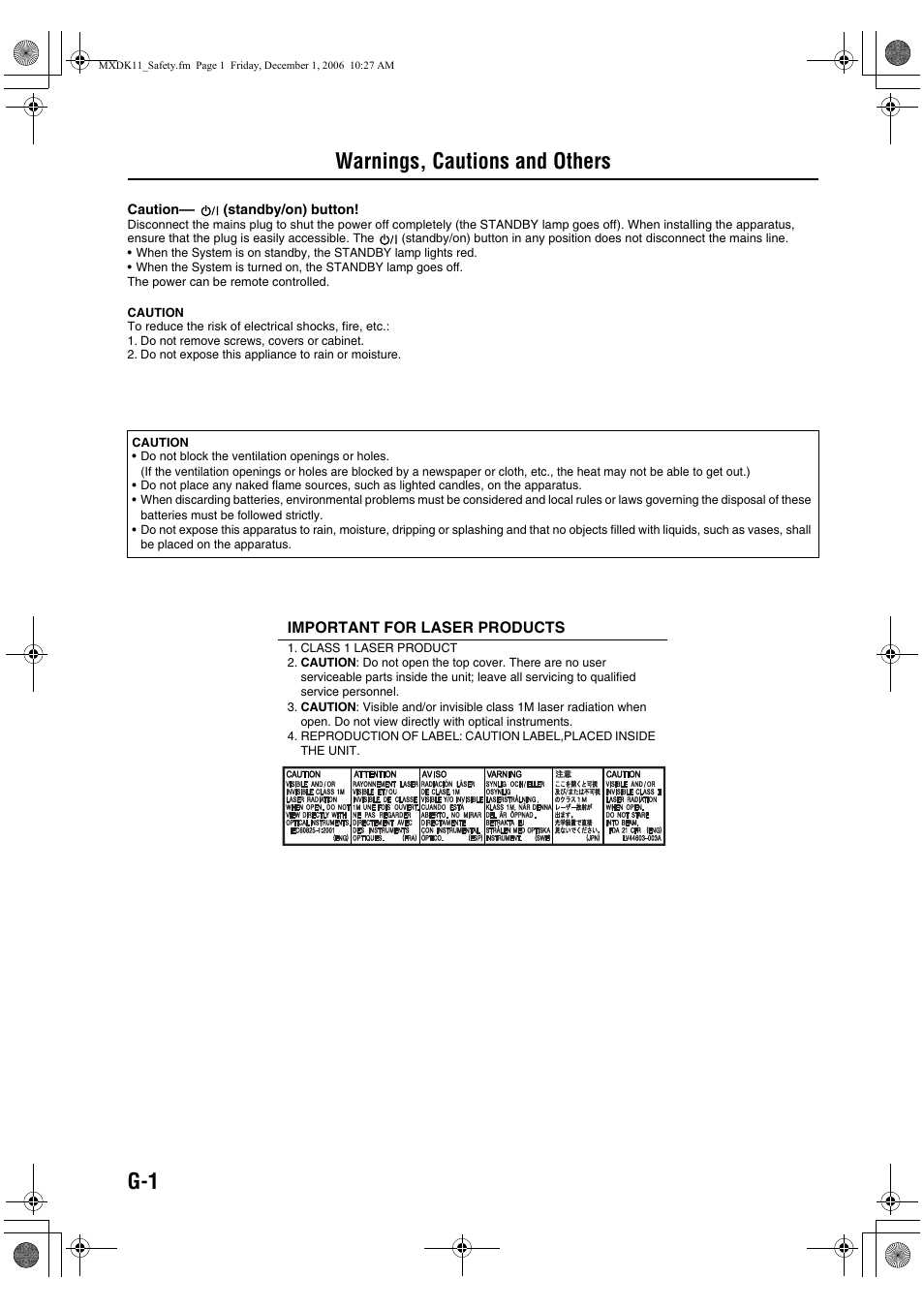 Warnings, cautions and others, G-1 warnings, cautions and others | JVC CA-MXDK11 User Manual | Page 2 / 48