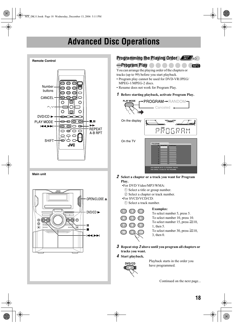 Advanced disc operations, Programming the playing order —program play | JVC CA-MXDK11 User Manual | Page 21 / 48