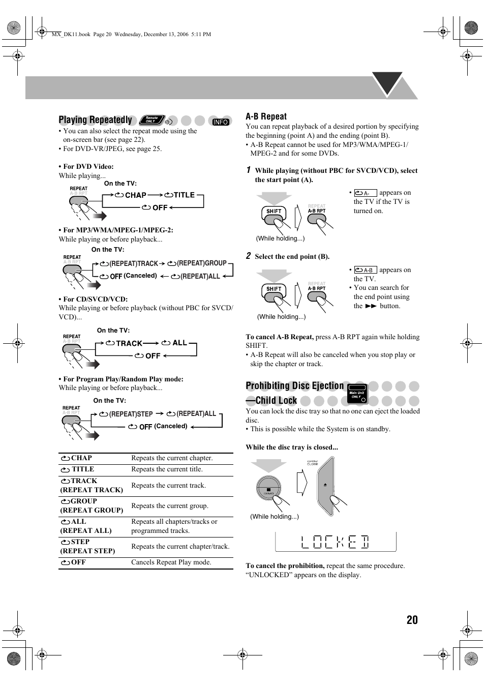 Playing repeatedly, Prohibiting disc ejection —child lock | JVC CA-MXDK11 User Manual | Page 23 / 48