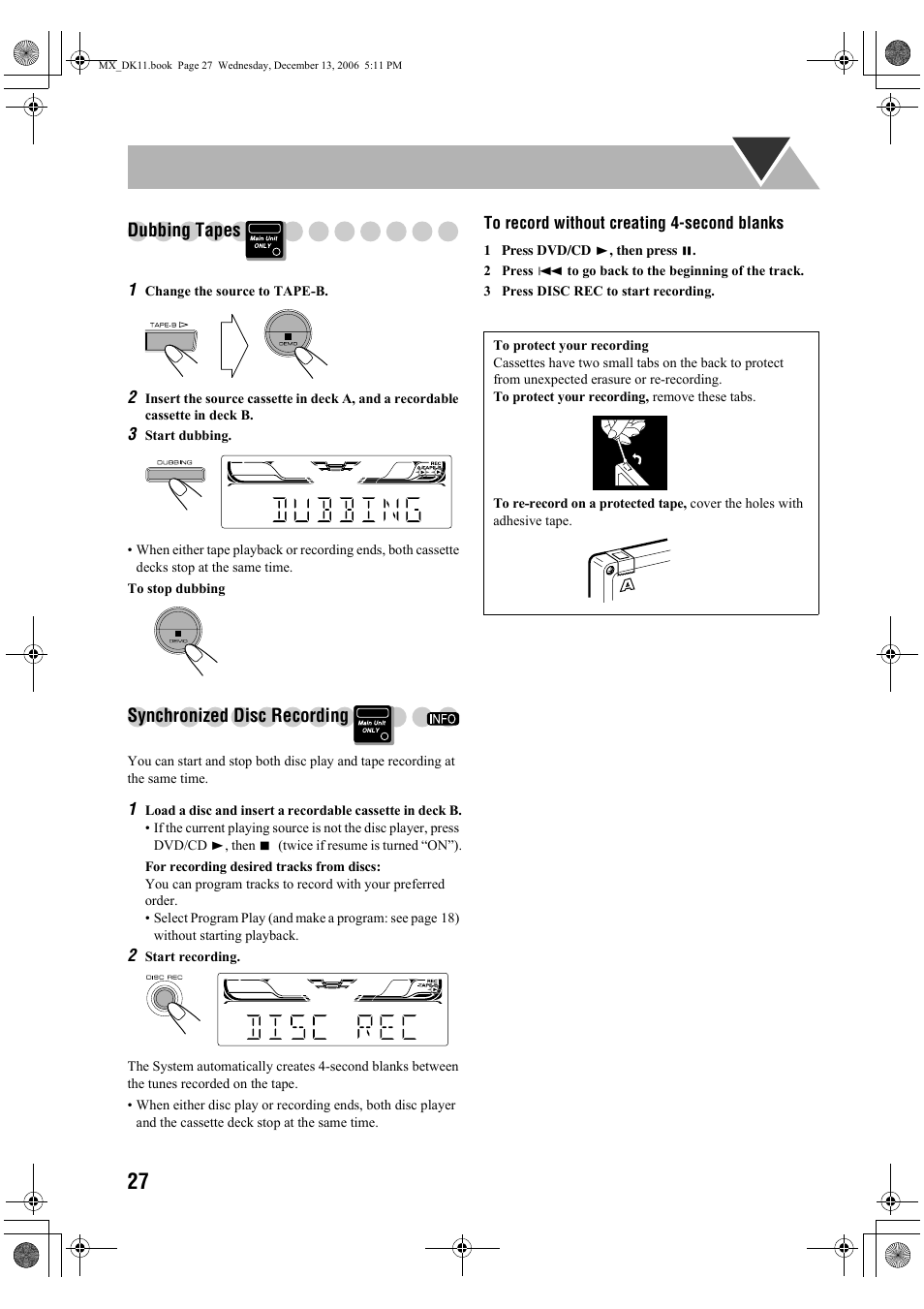 Dubbing tapes, Synchronized disc recording | JVC CA-MXDK11 User Manual | Page 30 / 48