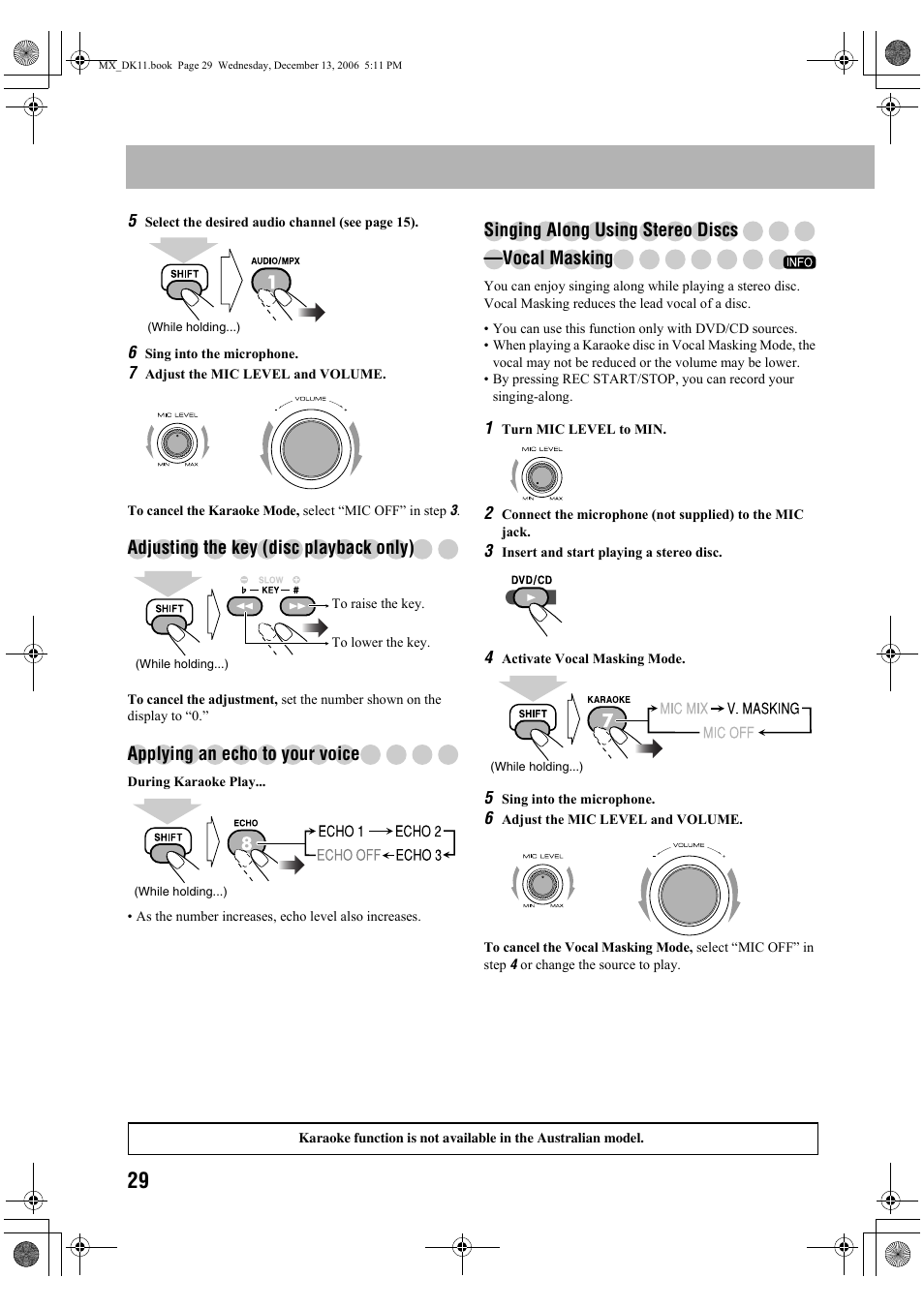 Adjusting the key (disc playback only), Applying an echo to your voice, Singing along using stereo discs —vocal masking | JVC CA-MXDK11 User Manual | Page 32 / 48