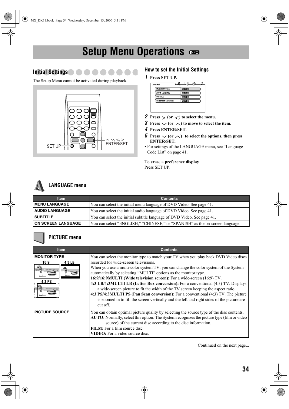 Setup menu operations, Initial settings | JVC CA-MXDK11 User Manual | Page 37 / 48