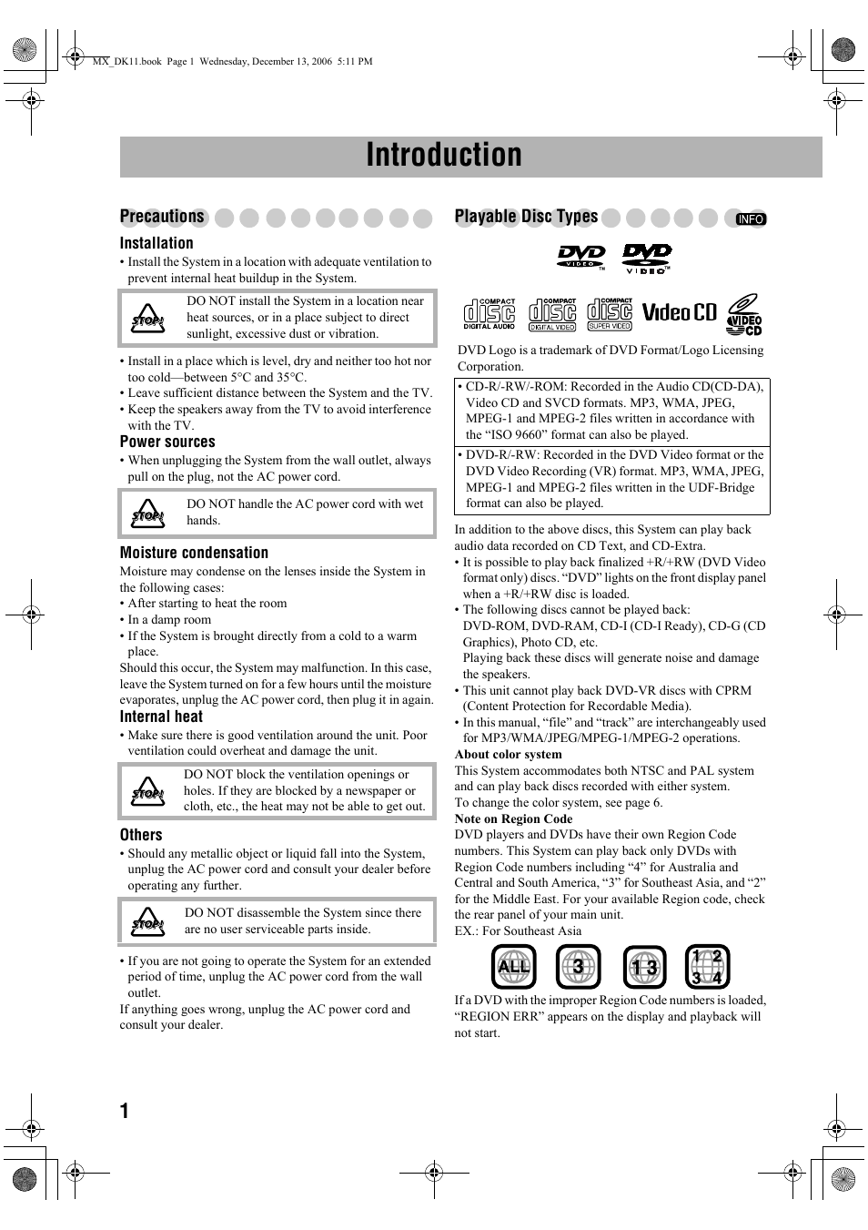 Introduction, Precautions, Playable disc types | JVC CA-MXDK11 User Manual | Page 4 / 48