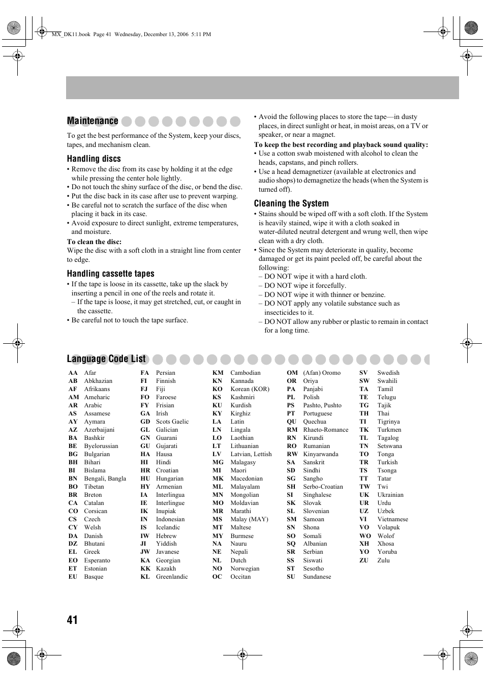 Maintenance, Language code list, Handling discs | Handling cassette tapes, Cleaning the system | JVC CA-MXDK11 User Manual | Page 44 / 48